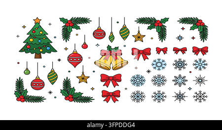 Ensemble d'éléments décoratifs festifs de Noël et ornements de vacances avec nœuds rouges Illustration de Vecteur