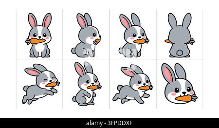 Collection de lapins mignons en dessin animé mangeant des carottes avec un lapin Illustration de Vecteur