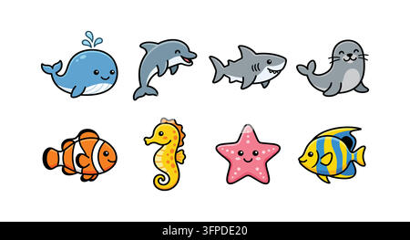 Ensemble de créatures marines et d'animaux océaniques mignons de style dessin animé avec vie marine Illustration de Vecteur