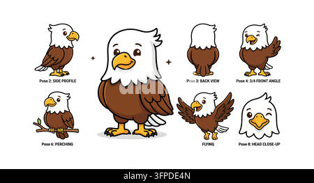 Feuille de personnage d'aigle à tête blanche mignon montrant diverses expressions et poses Illustration de Vecteur