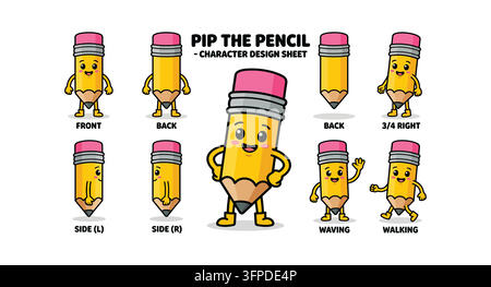 Pip la feuille de conception de personnage du crayon avec crayon jaune Illustration de Vecteur