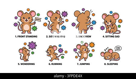 Feuille de personnage de souris mignonne avec différentes poses et symboles de virus Illustration de Vecteur