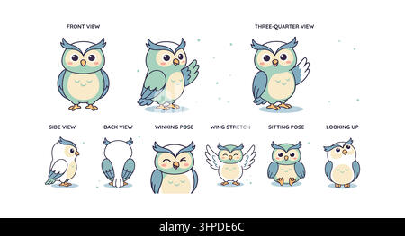 Ensemble de personnages de chouettes mignonnes avec diverses expressions et poses, chouette sage en cartoon Illustration de Vecteur