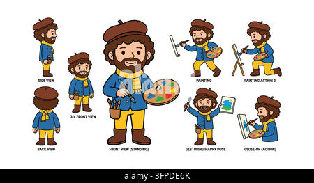 Ensemble de personnages mascots de peintre avec des outils et fournitures artistiques Illustration de Vecteur