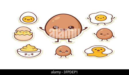 Collection de personnages mignons kawaii en forme d'œufs avec des œufs frits et un œuf fissuré Illustration de Vecteur