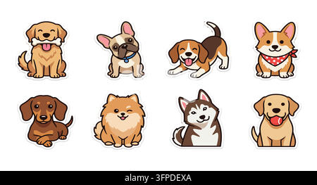 Ensemble mignon de chiots en dessin animé avec différentes races et poses de race de chien mignonne Illustration de Vecteur