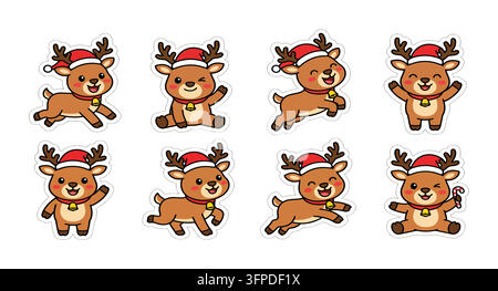 Ensemble de mignons petits personnages de rennes portant des chapeaux de Noël et effectuant diverses actions Illustration de Vecteur