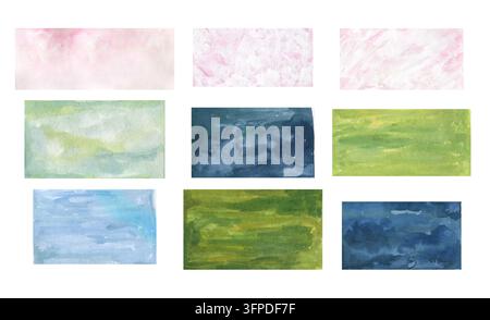 Fonds rectangulaires peints à la main à l'aquarelle ensemble bleu vert et rose textures à lavis doux collection isolée sur fond blanc Banque D'Images