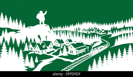 Père Noël debout sur une montagne surplombant un village d'hiver et un train Illustration de Vecteur