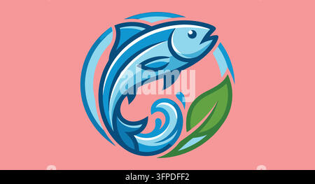 Poisson bleu stylisé nageant dans un design d'emblème circulaire avec logo de poisson Illustration de Vecteur