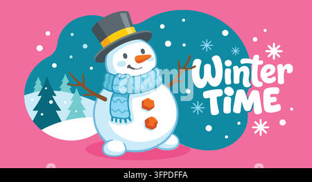 Personnage mignon de bonhomme de neige avec texte hivernal paysage d'hiver bonhomme de neige dessin animé Illustration de Vecteur