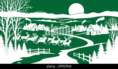 Lune pleine sur un paysage hivernal enneigé avec des cerfs en course et des maisons rustiques Illustration de Vecteur