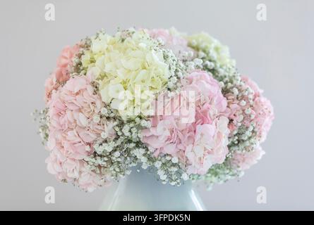 Des hortensias délicats roses et jaune clair se mêlant à de minuscules fleurs de gypsophile blanches, formant un bouquet doux et romantique dans un vase clair sur un fond subtil Banque D'Images