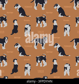 Motif sans couture avec des chiens Terrier à poil dur noir et blanc et des lettres de race écrites à la main sur un fond brun chaud. Vecteur répétable mignon de chien Illustration de Vecteur