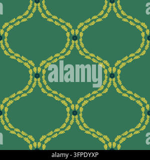 Motif sans couture avec une treille florale grecque classique dessinée à la main en forme d'ogive avec des vignes feuillues jaunes sur un fond vert émeraude. Vecteur ornemental vintage Illustration de Vecteur