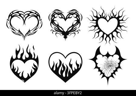 Ensemble de symboles de cœur gothique avec des courbes tribales, feu, rayons et formes ornementales. Icônes d'amour néo-tribales Y2K pour tatouage, graphismes de marque punk de la Saint-Valentin. Style cyber, affiches et conception de vêtements vectoriels Illustration de Vecteur