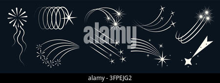 Vecteur noir y2k motif chute d'étoile filante. Illustration d'icône logo traînée de comète ciel nocturne céleste. Décoration silhouette de météore étincelant de confettis espace blanc plat. Graphique de mouvement de galaxie abstrait. Illustration de Vecteur