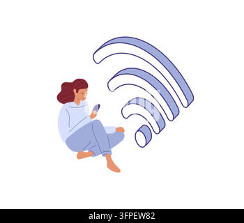 Fille avec téléphone assise sur le sol ou le terrain, signe Wi-Fi à proximité. Vecteur isométrique. Illustration de Vecteur