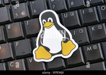 gros plan d'un autocollant découpé de Tux le pingouin, mascotte de Linux, posé sur les touches noires d'un clavier d'ordinateur. Le pingouin noir et blanc avec du jaune Banque D'Images