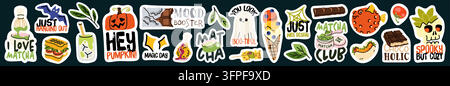 Joli ensemble de stickers Halloween, nourriture et matcha dessinés à la main pour planificateur et décoration d'ordinateur portable Illustration de Vecteur