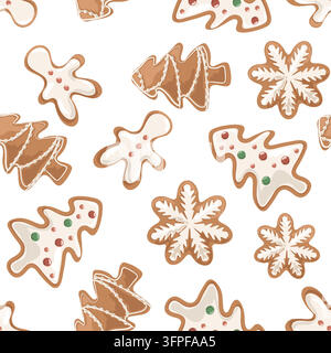 Motif sans couture de biscuits de Noël au gingembre confortables sur fond blanc. Texture vectorielle minimaliste de biscuit en forme de sapin et de flocon de neige pour emballages Illustration de Vecteur