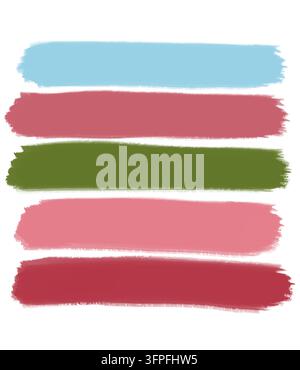 Ensemble de cinq traits de pinceau numériques dessinés à la main en bleu, rose pastel, vert olive et cramoisi, isolés sur fond blanc. Banque D'Images