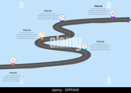 Modèle d'infographie de feuille de route commerciale avec chronologie et cinq étapes Illustration de Vecteur