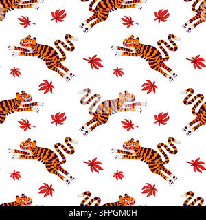Motif asiatique sans couture avec des tigres sautant sur fond blanc. Illustration de tigre en dessin animé avec des feuilles d'automne pour tissu et papier d'emballage. Glisser vers Illustration de Vecteur