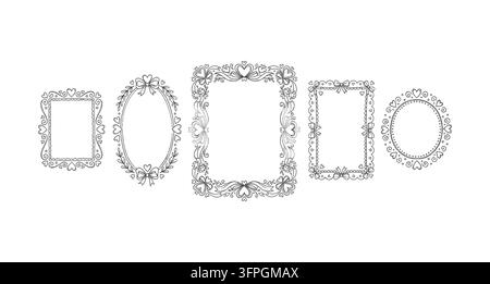 Ensemble de vecteurs de cadre floral vintage dessiné à la main avec des accents de cœur et de nœud, bordures romantiques en demi-teinte pointillées en forme de cœur et collection de cadres ovales Illustration de Vecteur