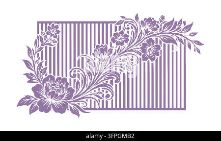 Motif ornemental de cadre floral en demi-ton violet avec motif de trame et fond à rayures verticales grunge Illustration de Vecteur