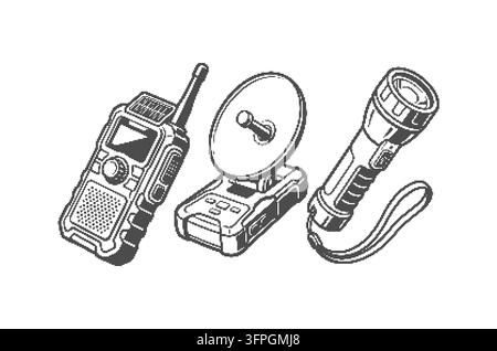 Émetteur-récepteur demi-ton, antenne parabolique et lampe de poche vintage, radio grisé satellite et lampe torche, ensemble vectoriel Illustration de Vecteur