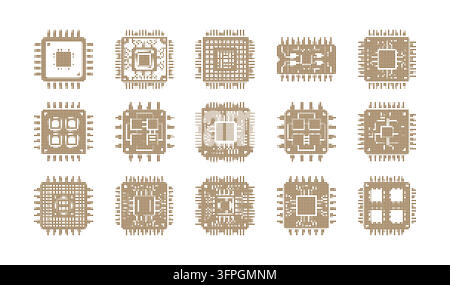 Ensemble d'icônes vectorielles de circuit imprimé microélectronique en trame demi-ton, éléments graphiques technologiques pixelisés de processeur CPU informatique Illustration de Vecteur