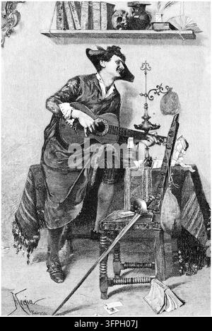 Troubadour jouant de la guitare, performance expressive dans un intérieur domestique, gravure du XIXe siècle. Banque D'Images