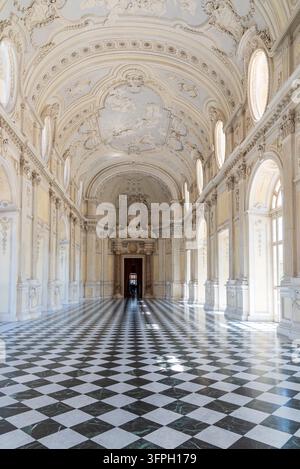 Prise verticale et symétrique de la majestueuse Grande Galerie du Palais de Venaria. La photo met en valeur la hauteur de la voûte en stuc. Banque D'Images
