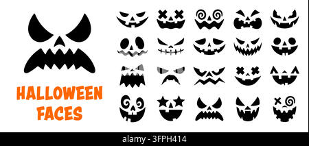 Visages d'emoji d'Halloween effrayants en forme de citrouille pour personnages de lanternes et de fantômes. Ensemble vectoriel d'expressions faciales monstrueuses noires et effrayantes avec des yeux furieux, des dents acérées, des bouches rieuses, des pupilles en spirale ou des croix Illustration de Vecteur