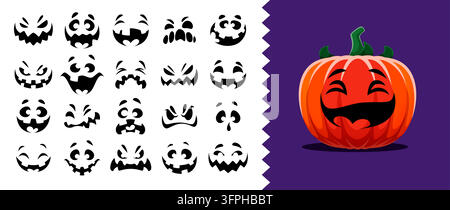 Visages effrayants de lanternes de citrouille d'Halloween et emojis de personnages fantomatiques inquiétants. Ensemble vectoriel d'expressions faciales de personnages de Black Jack o Lantern avec des yeux et des bouches fâchés, heureux, effrayés, pleurant ou souriants Illustration de Vecteur
