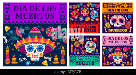 Bannières mexicaines pour la fête du Jour des Morts Dia de Los Muertos. Cinq modèles de bannières Dia de los Muertos avec des bordures en papier découpé, des maracas, des bougies et des visages de crânes en sucre pour la fête du Jour des Morts Illustration de Vecteur