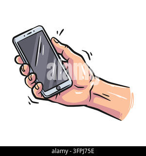 Illustration vectorielle colorée d'une main humaine tenant un appareil smartphone moderne sur un fond blanc propre. Lignes audacieuses et éclairage cel-shaded c Illustration de Vecteur