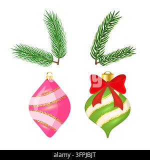 Un ensemble d'éléments de Noël : branches d'épicéa, boules en verre rayées rose et vert, et décorations festives, isolées sur un fond blanc. Illustration de Vecteur