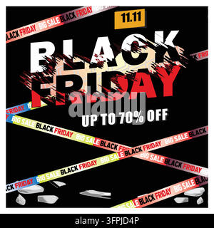 Avec des promotions Black Friday en lettres grasses, des rubans colorés et jusqu'à soixante-dix pour cent de réduction. Illustration vectorielle plate moderne Illustration de Vecteur