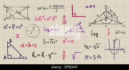 Fond avec des symboles et formules mathématiques dessinés à la main sur une feuille de papier. Gribouillis au stylo avec équations algébriques et dessins géométriques. Formules scientifiques vectorielles pour le concept d'étude en classe. Illustration de Vecteur