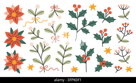 Ensemble botanique de Noël mettant en vedette des fleurs de poinsettia, des baies de houx et des brins de gui en style folklorique scandinave vectorisé plat Illustration de Vecteur