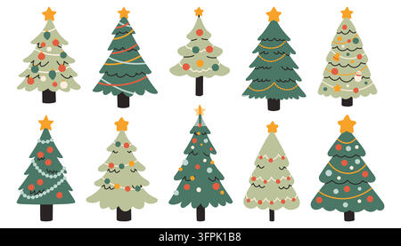 Collection d'arbres de Noël décorés avec des étoiles dorées, des guirlandes lumineuses et des boules colorées en style folklorique scandinave vectoriel plat Illustration de Vecteur