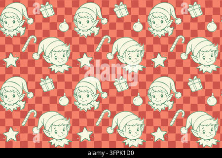 Motif sans couture de Noël ludique mettant en scène d'adorables elfes garçons et filles coiffés de chapeaux du Père Noël, entourés de boîtes-cadeaux, de sucres d'orge, d'étoiles et d'ornements Illustration de Vecteur