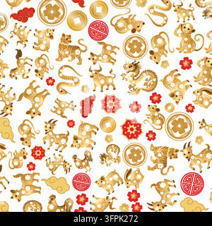 Motif vectoriel sans couture d'animaux du zodiaque dorés et de fleurs rouges sur fond blanc. Illustration de Vecteur