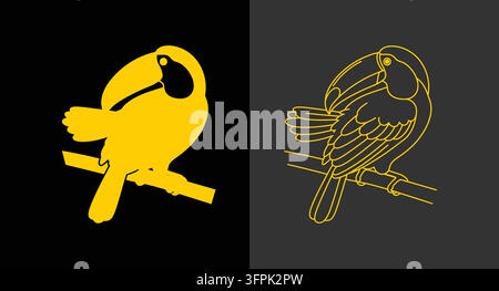 Icône minimaliste d'oiseau toucan doré avec style plein et contour Illustration de Vecteur