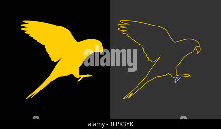 Icônes de silhouette et de contour d'un perroquet volant sur des fonds sombres Illustration de Vecteur
