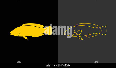 Ensemble d'icônes minimalistes en forme de poisson jaune avec silhouette et contours, comprenant des animaux marins Illustration de Vecteur