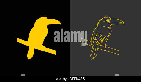 Icône de oiseau toucan minimaliste sur branche en style silhouette et contour Illustration de Vecteur