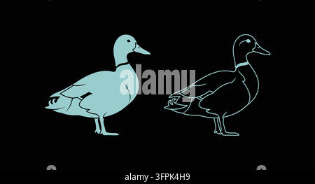Ensemble de silhouettes de canards en style plat et contour sur fond noir Illustration de Vecteur